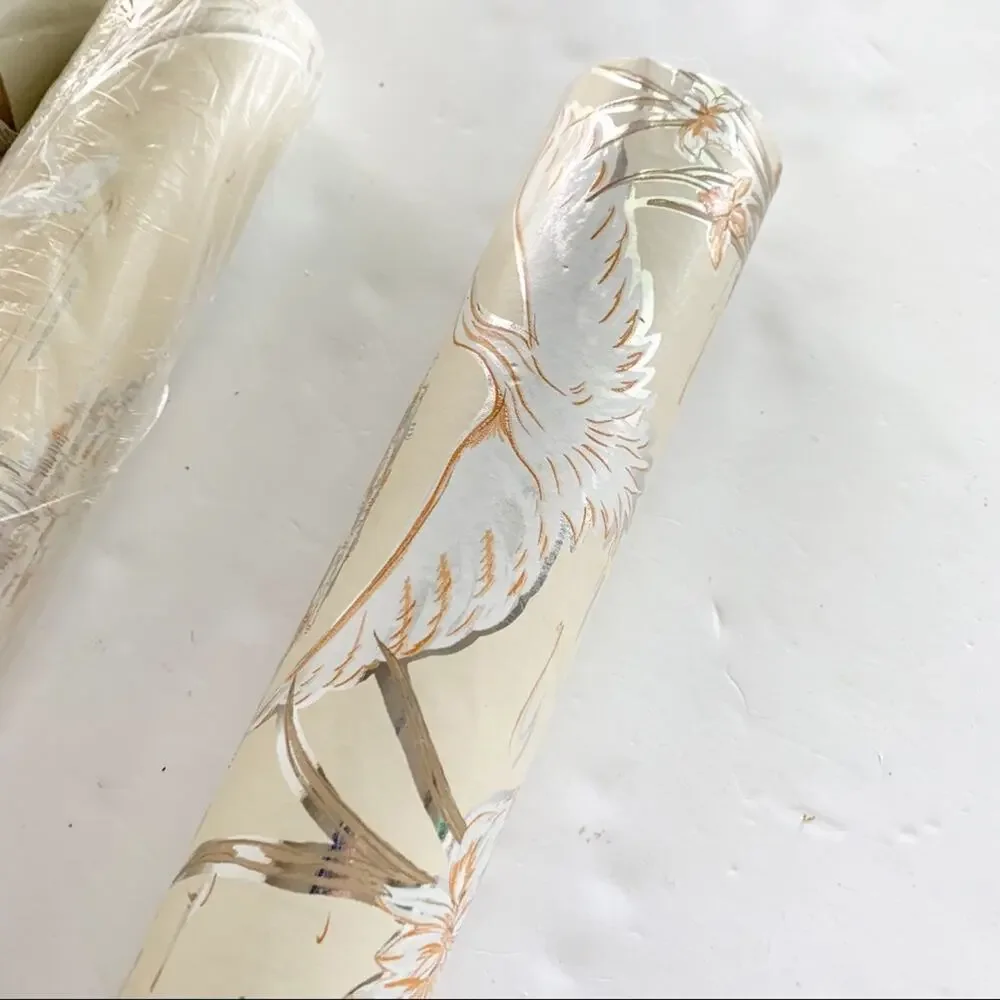 Vintage Beige Gold Crane Fabric Backed Vinyl Wallcovering SEALED x1